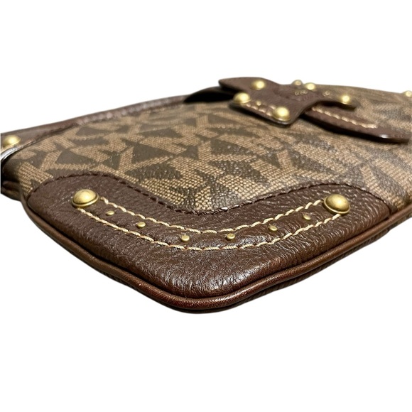 Michael Kors Studded Brown Signature Baguette Shoulder Bag with Woven Handles - Picture 11 of 15